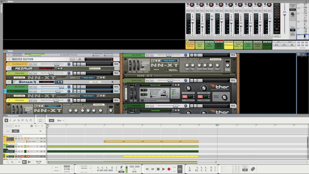 This is a screenshot of my Reason session to create my portion of the EDM song.