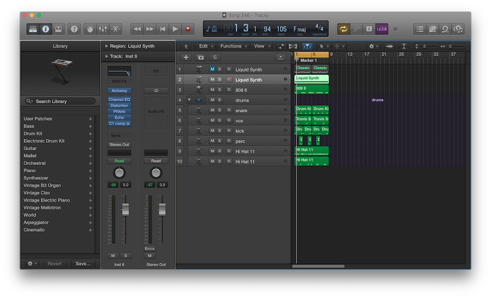 Screenshot of my Logic Pro X file in which I created my beat