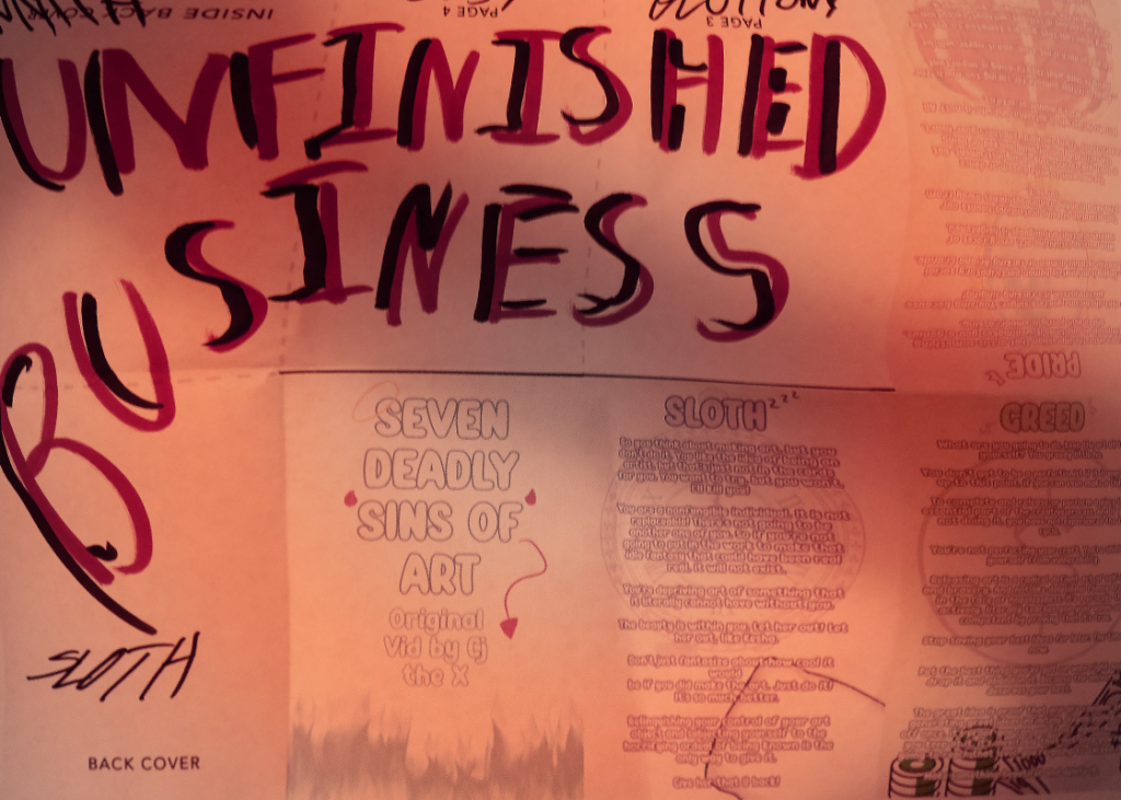 A picture of an unfinished zine based on the video essay "The Seven Deadly Art Sins" by CJ The X on Youtube. 
