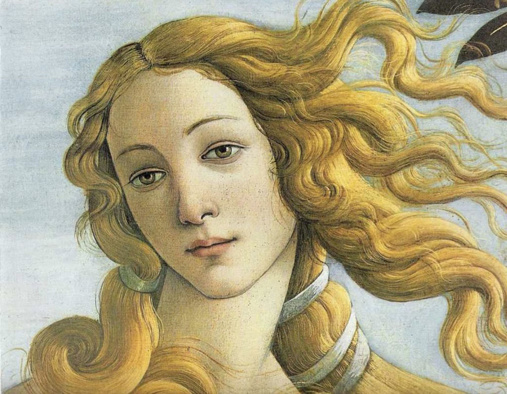 One of botticelli paintings, a young girl's hair blows in the wind.