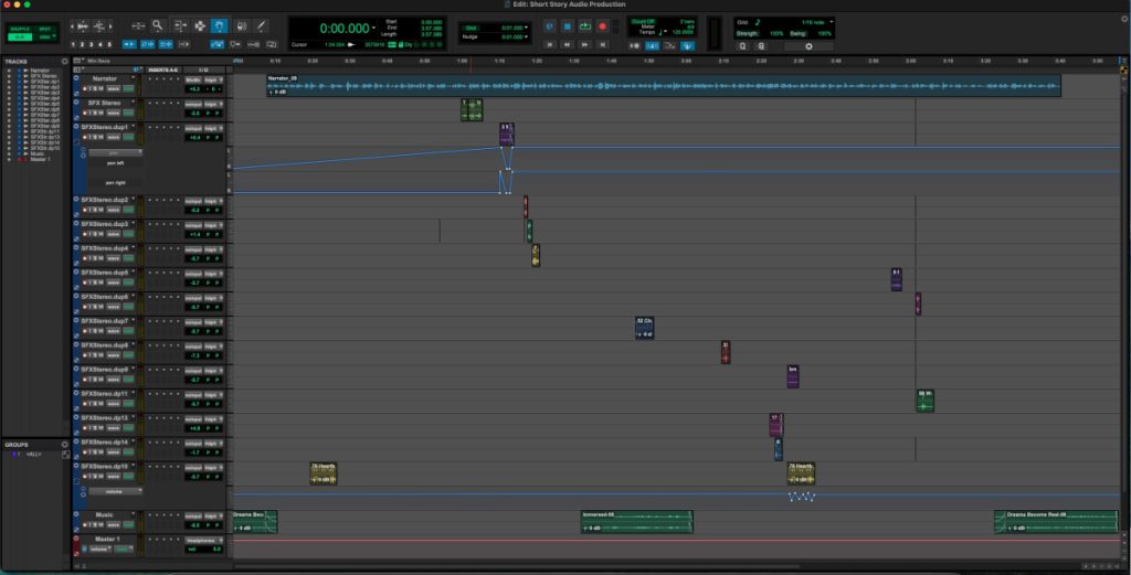 Screenshot of Pro Tools session of short story