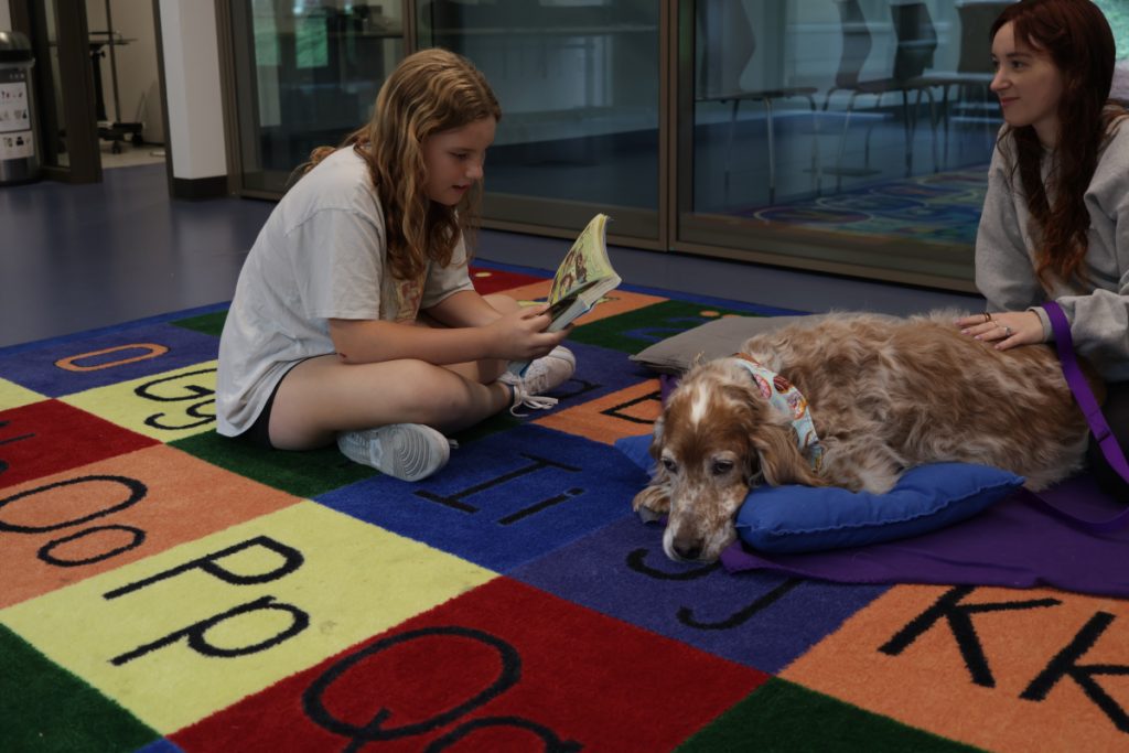 Image of two people sitting with dogs 