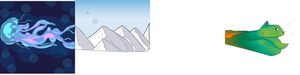 The "Exquisite Corpse" — the first quarter is a blue and purple jellyfish, the second quarter is a white snowy mountain, the third quarter is empty, and the fourth quarter is a green and happy cat.