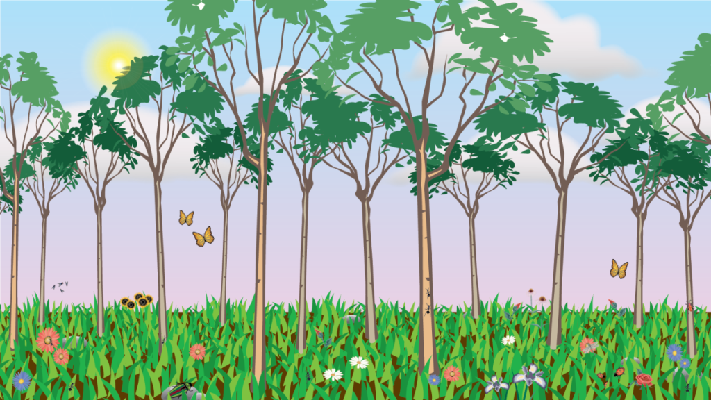 A grassy nature scene, with trees, flowers, and bugs, posed in front of a calming sky gradient
