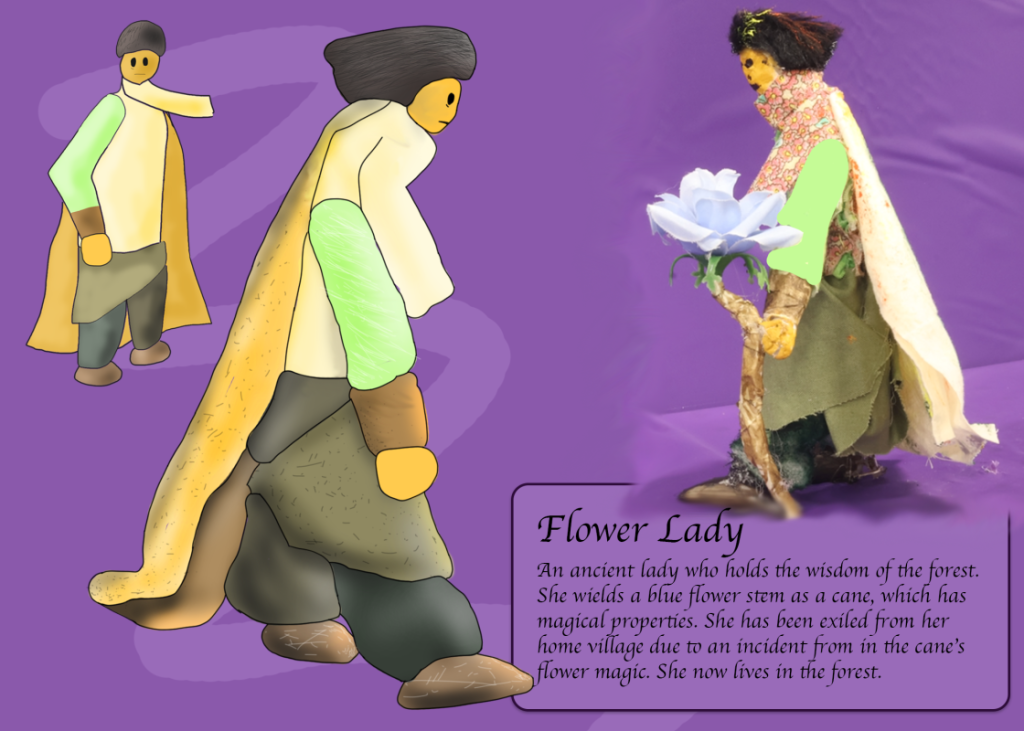 Flower Lady: An ancient lady who holds the wisdom of the forest. She wields a blue flower stem as a cane, which has magical properties. She has been exiled from her home village due to an incident from the cane's flower magic. She now lives in the forest.