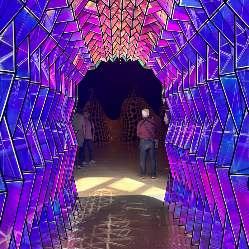 The blue and purple glass tunnel in the SFMOMA