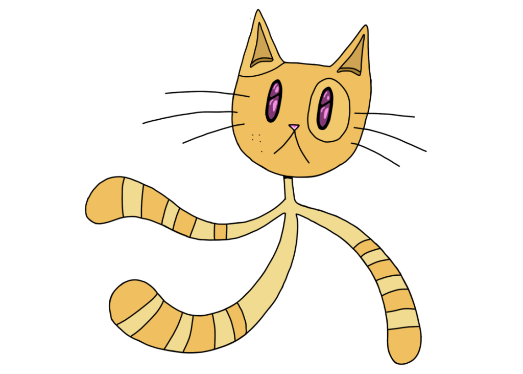 A yellow cat with purple eyes and three tails