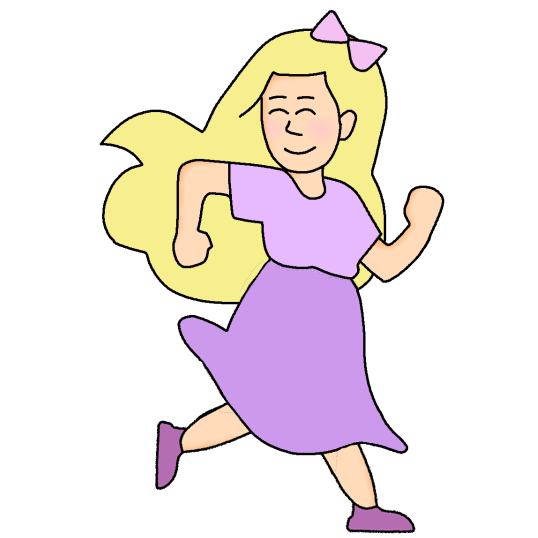A girl with yellow hair and a pink hair bow in a purple dress and shoes
