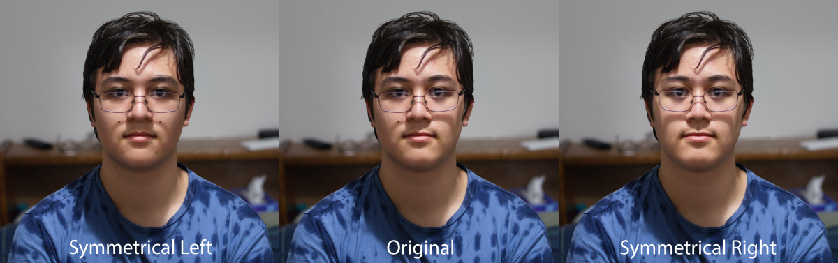 Three photographs — symmetrical left, original, and symmetrical right respectively — each showing myself facing the camera in a blue shirt.