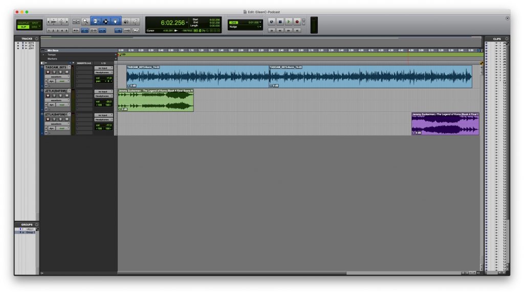 A screenshot of a Pro Tools project file. There are three tracks, one above the other. The first one has blue waveforms and spans almost the full duration of the timeline. The second track has green waveforms and spans from the beginning of the timeline to around the one minute mark. The third track has purple waveforms and spans from around the five minute mark to the end end of the timeline at six minutes.