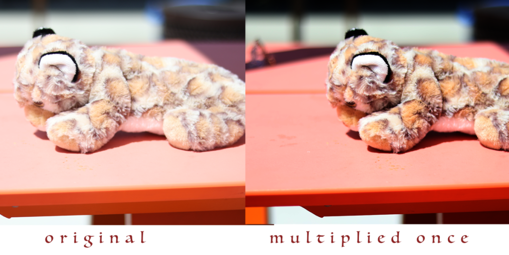 2 of the same photo of a stuffed cheetah, one has been edited to be darker