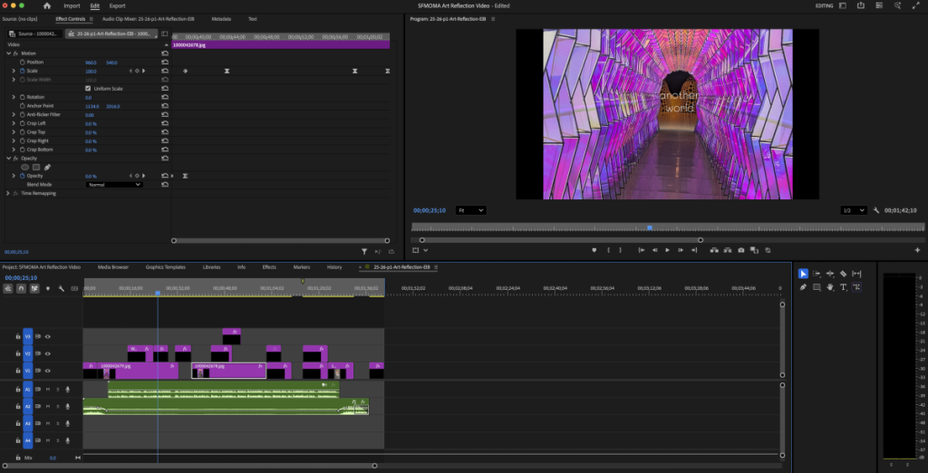 photo of a video editing software opened to the art reflection video. the video is in one corner while the timeline is in the opposite corner. 