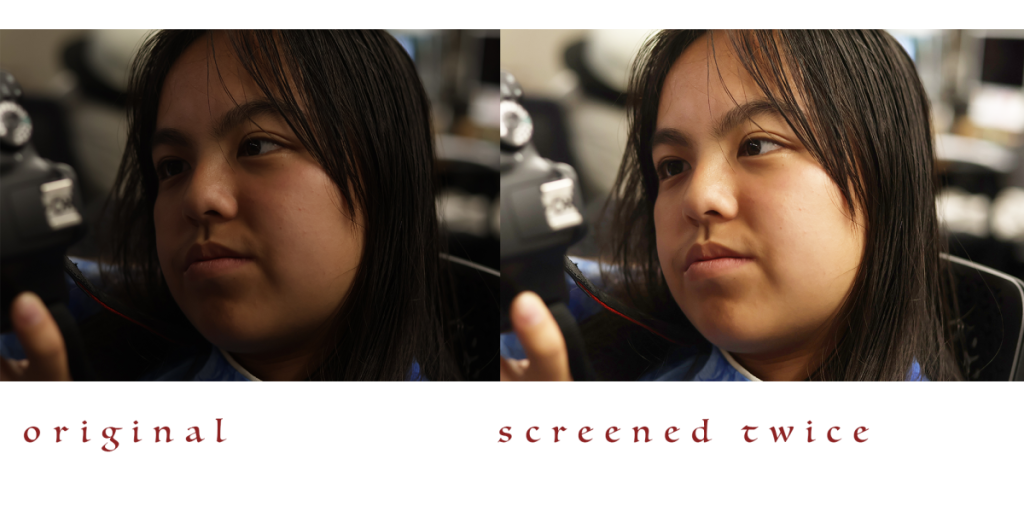2 of a photo of the same girl still holding a camera but in better lighting, with one edited to be lighter