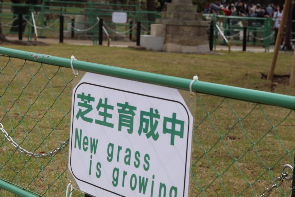 photo of a sign that says new grass is growing. behind the sign is a sectioned off area of grass.