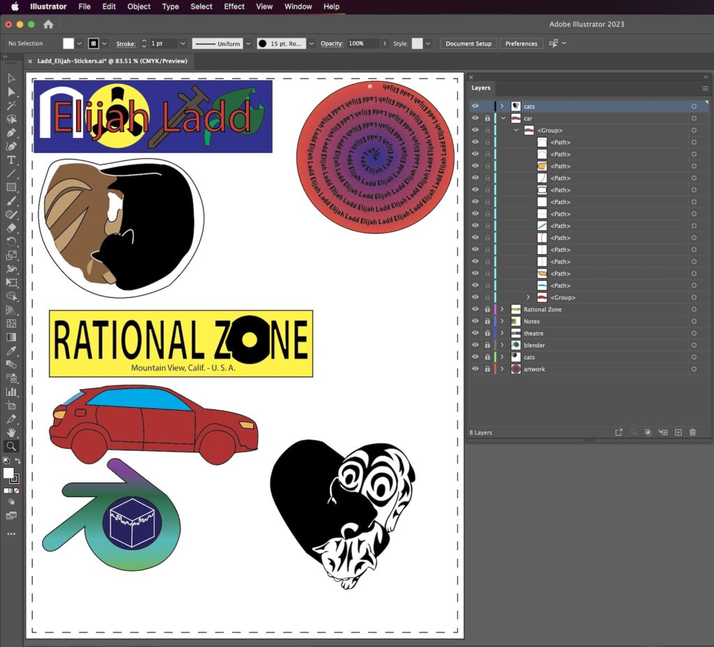 A screenshot of my illustrator project before cutting and printing my stickers