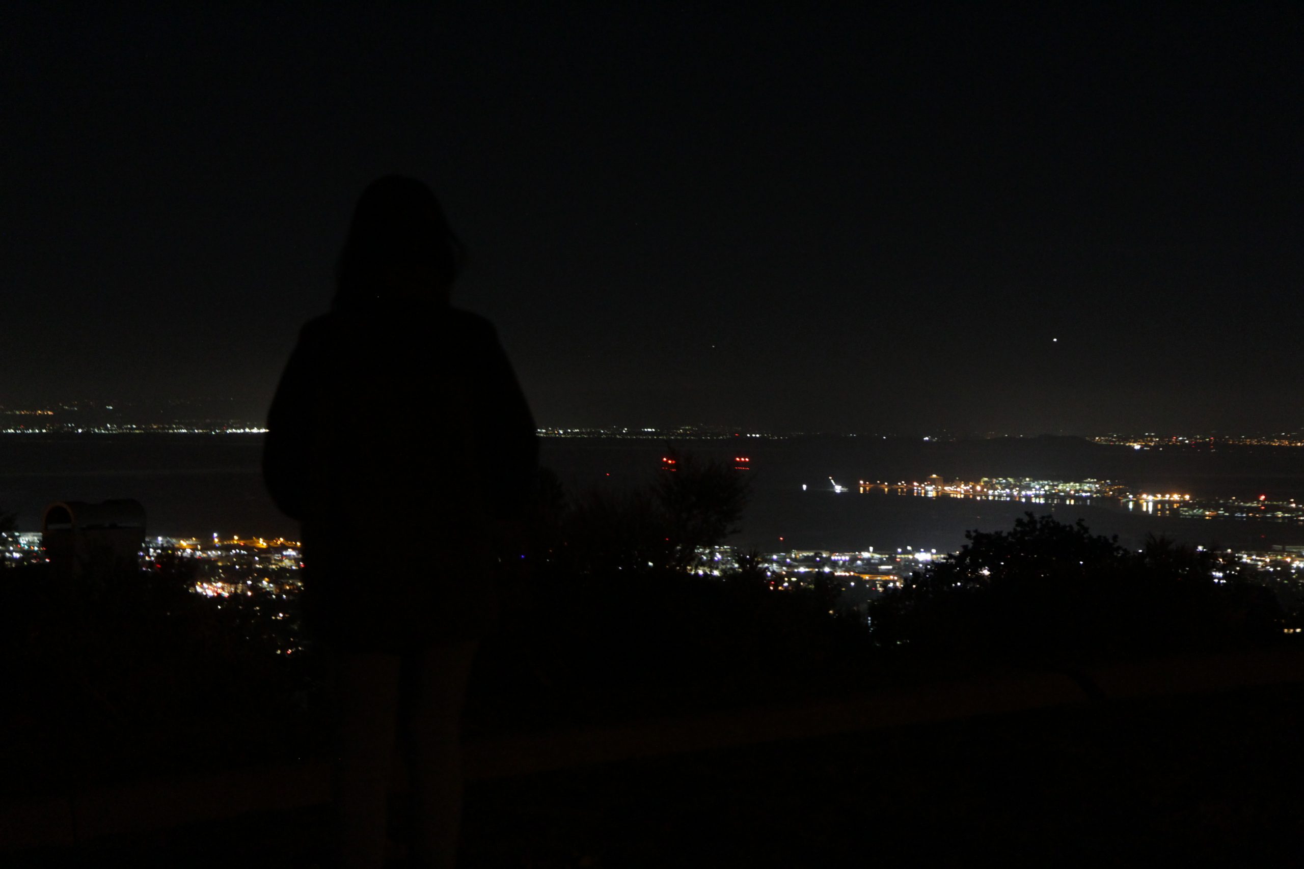 Photo of a shadowed figure standing in front of a city skyline at night.