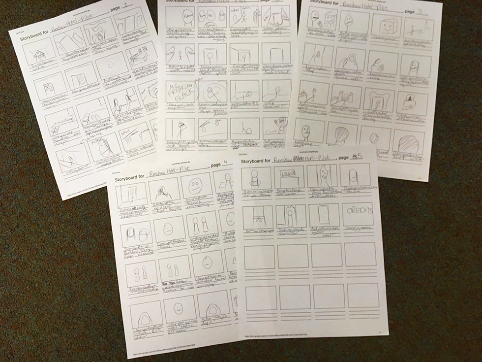 The five pages of my rough storyboards to figure out camera angles and pacing.