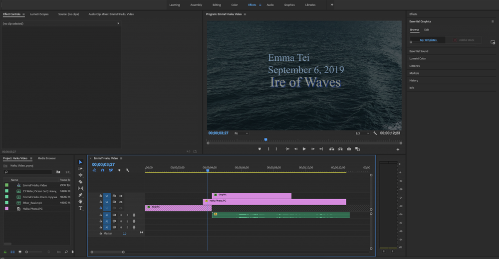 This picture shows the process of putting the photo haiku and sound effects together into a video with motion and shift of sounds, using Premiere Pro. 