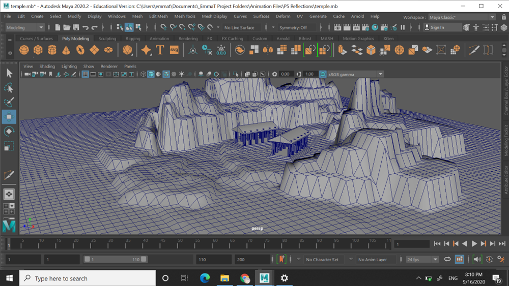 This is my Maya interface, where it shows my production process of the Greek Temple using the Poly Modeling setting. 