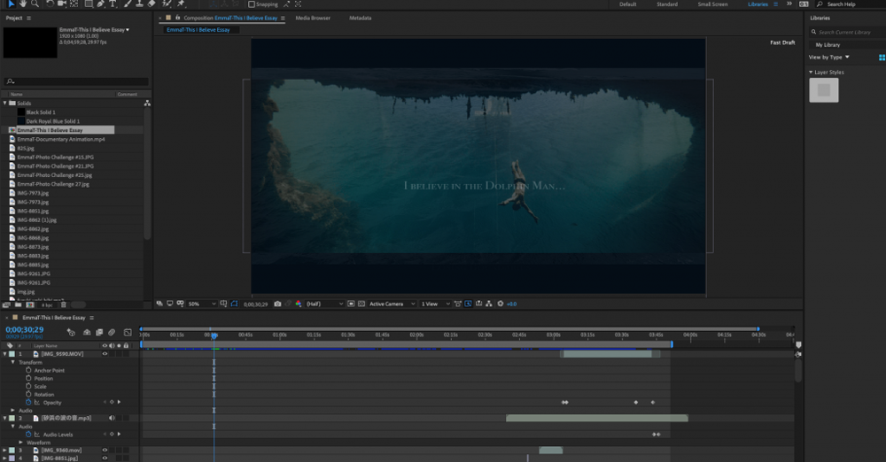 This picture shows my Aftereffects desktop production process for the video, where I overlapped and pieced together various images in one timeline displayed at the bottom of the picture. 