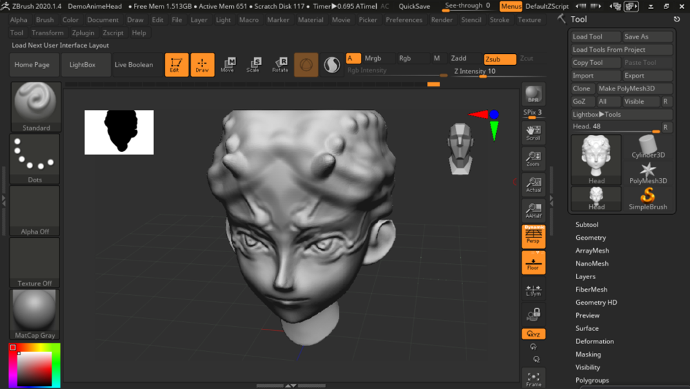 This is my ZBrush interface where it shows my character head design production process. I used the brushes to sculpt the shape and then added the textures and lighting later to render for the final product. 