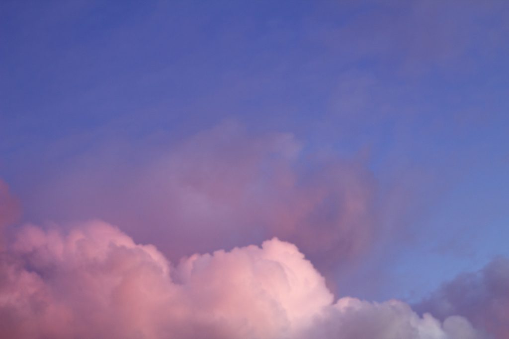 Pink-ish clouds with a blue background, with lots of space above.