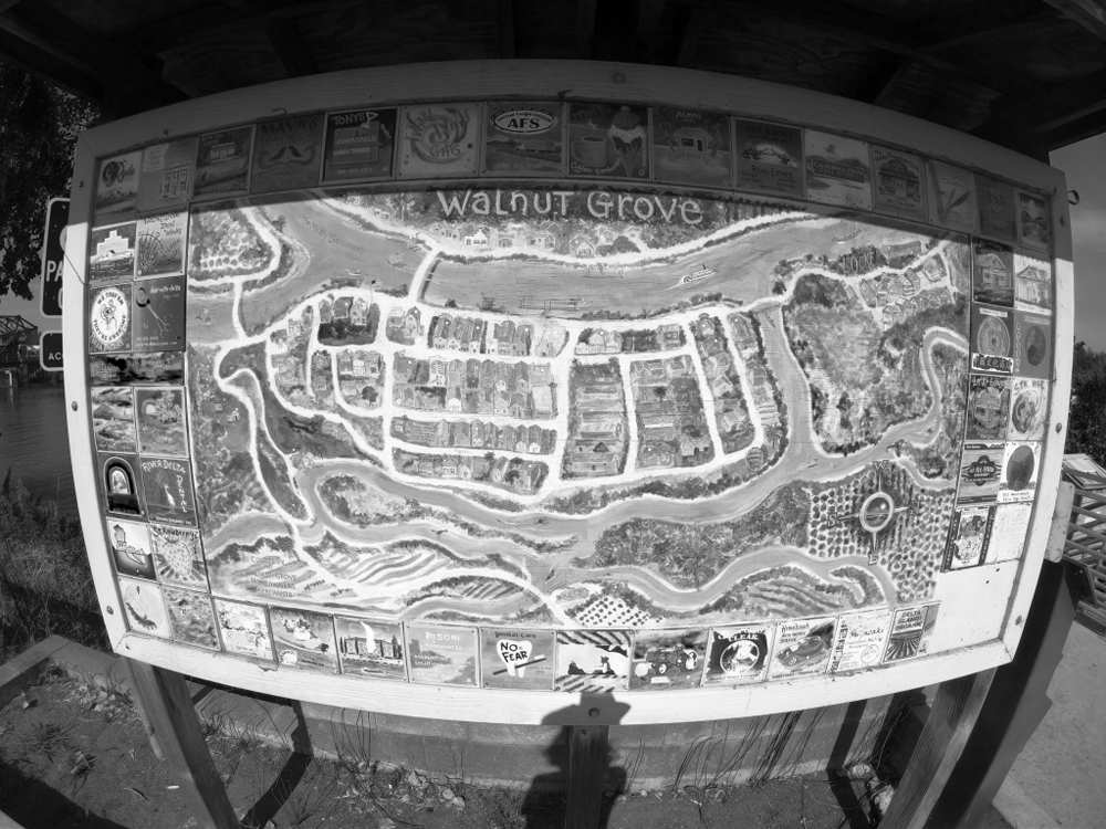 A monochrome photo of a map of Walnut Grove with detailed shop advertisements making up the border.