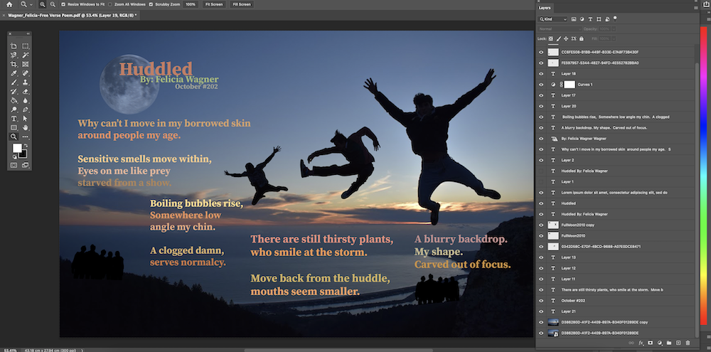 Photoshop interface, shows visual for my poem, three people jumping into a sunset. Shows layer panel which includes details of editing process
