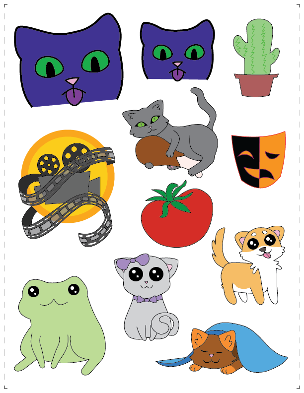 assortment of cat, frog, dog, film, acting, tomato, and cactus stickers