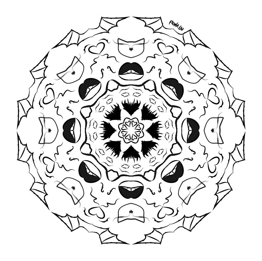 black and white mandala: black heart in center, lips, f holes, cats, wings