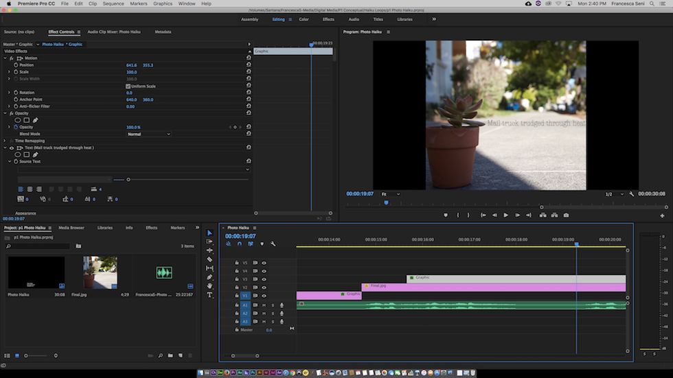 This is a screenshot of Premiere Pro which I used to produce the haiku video.