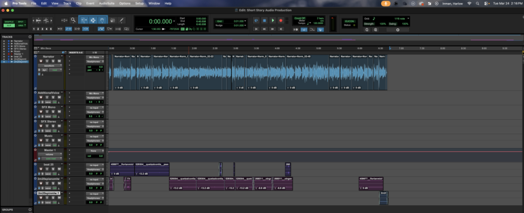 Short story audio production session in pro tools.