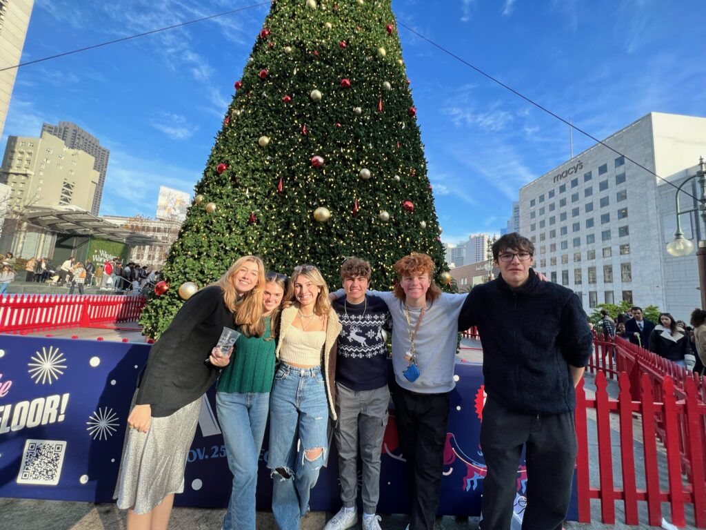 Group of friends in front of christmas tree.