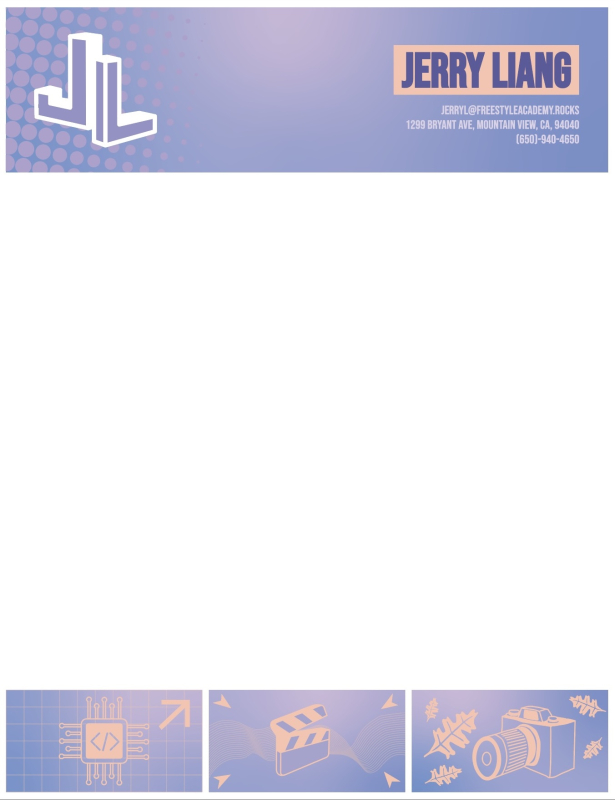 Letterhead template design with my icon and info at the top and graphics at the bottom.