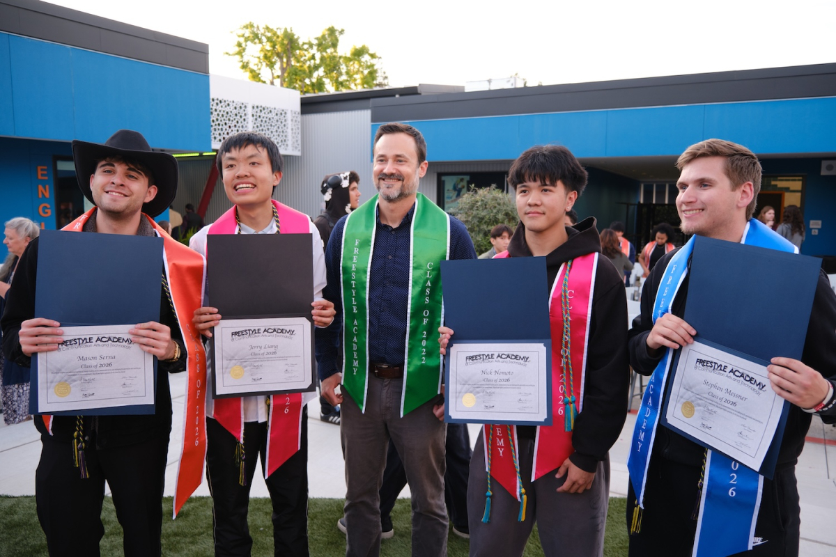 My English Worldbuilding group at graduation: Mason Serna, me, Mr. Greco, Nick Nomoto, & Stephen Messner