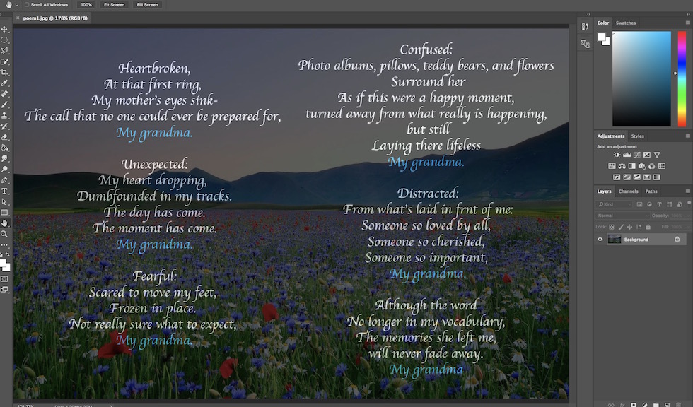 This is a screenshot of the image for my free verse poem in Photoshop.
