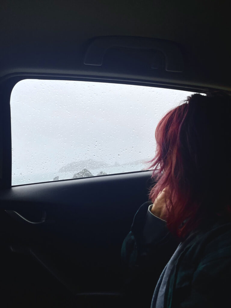 A girl with red hair stares out the window of a car into the ocean.