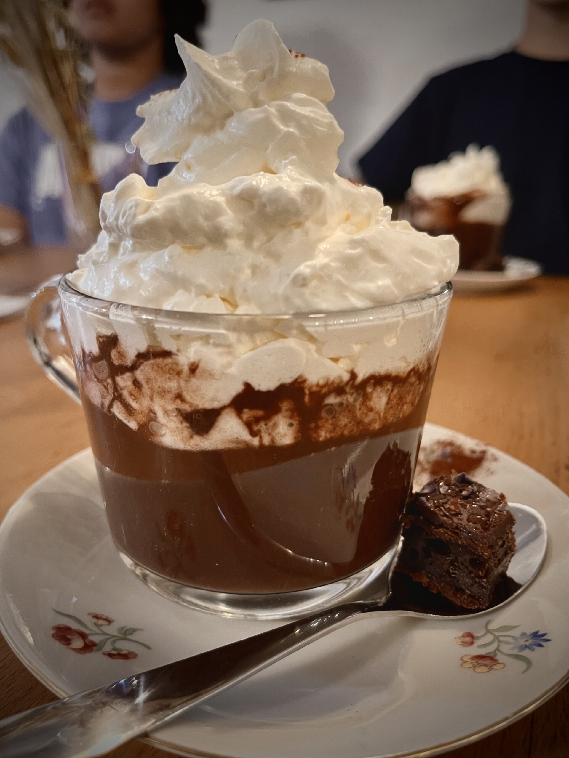 The best hot cocoa you can imagine topped with a huge amount of whipped cream.