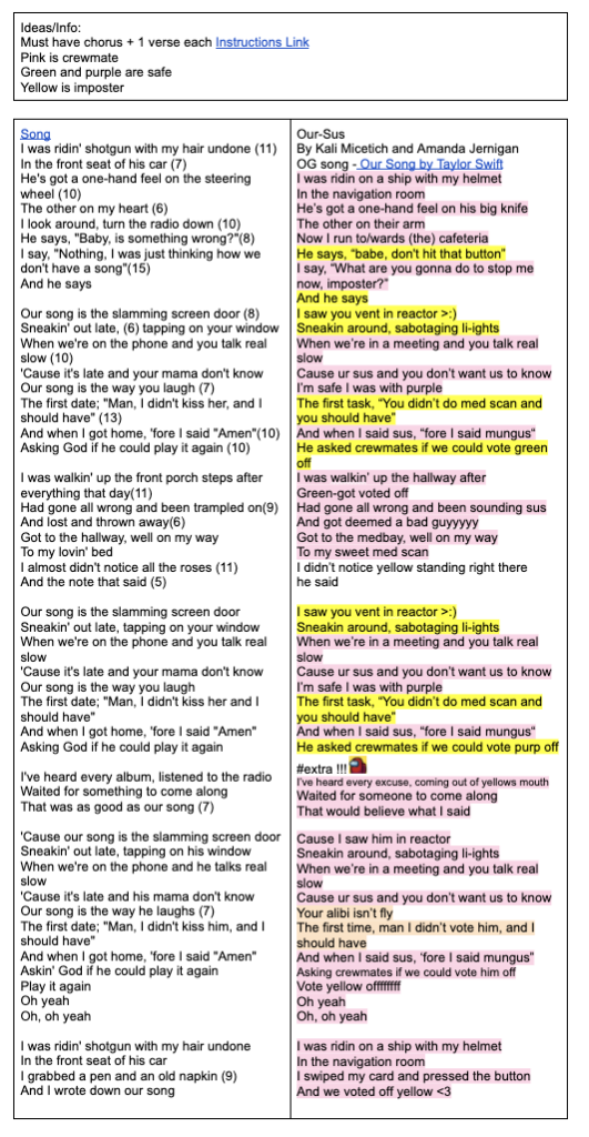 Side by side of the actual lyrics and the parody lyrics to make sure it matches