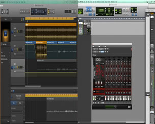 A split view of Pro Tools and Garage Band