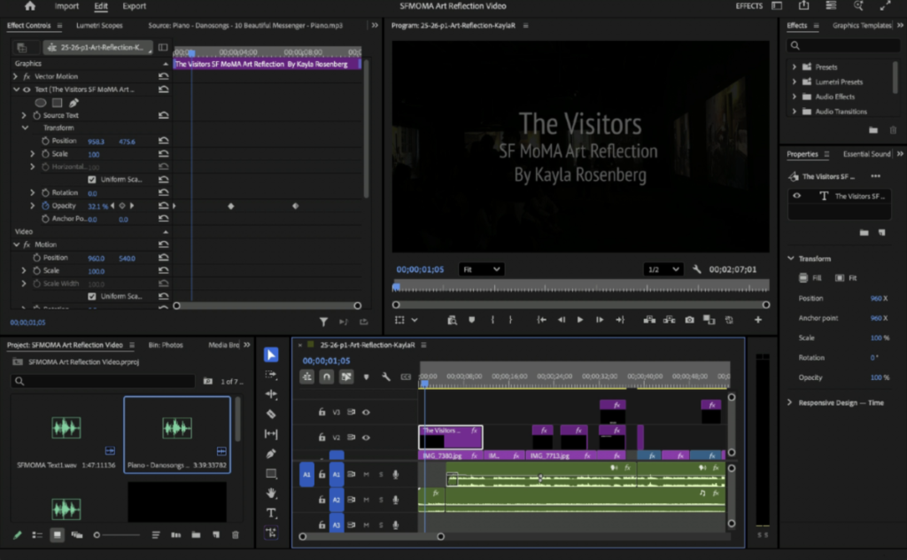 
Alternative Text:
Premiere Pro workspace showing the SFMOMA Art Reflection video timeline with layered audio tracks (blue waveforms), video clips (purple), and music (green). The program monitor displays the title screen "The Visitors SF MOMA Art Reflection By Kayla Rosenberg."