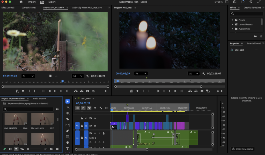Editing workspace for my experimental film in Premiere Pro. The timeline shows the layered construction of video clips (blue and purple), audio tracks (green), and effects that built the final cut. The dual monitor setup allowed me to compare different shots and sequences while fine-tuning transitions and timing throughout the editing process.
