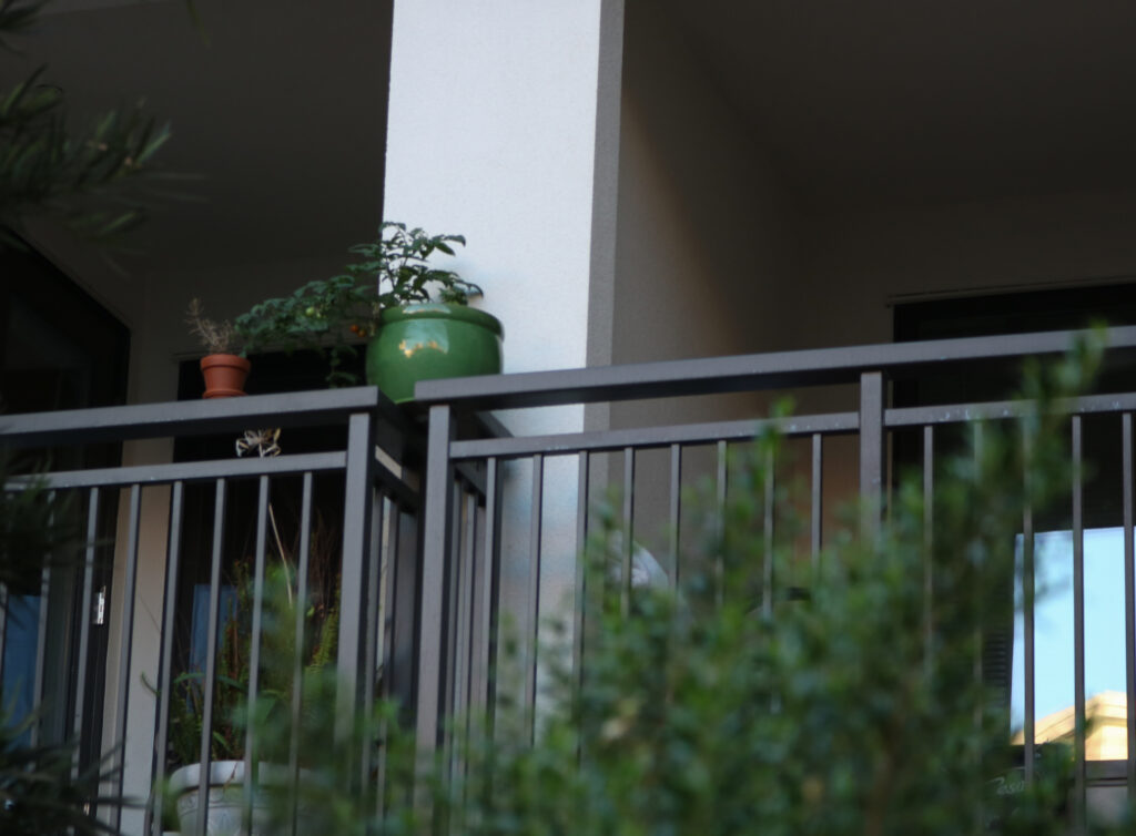 A balcony railin gthat has a green plant pot on top. 