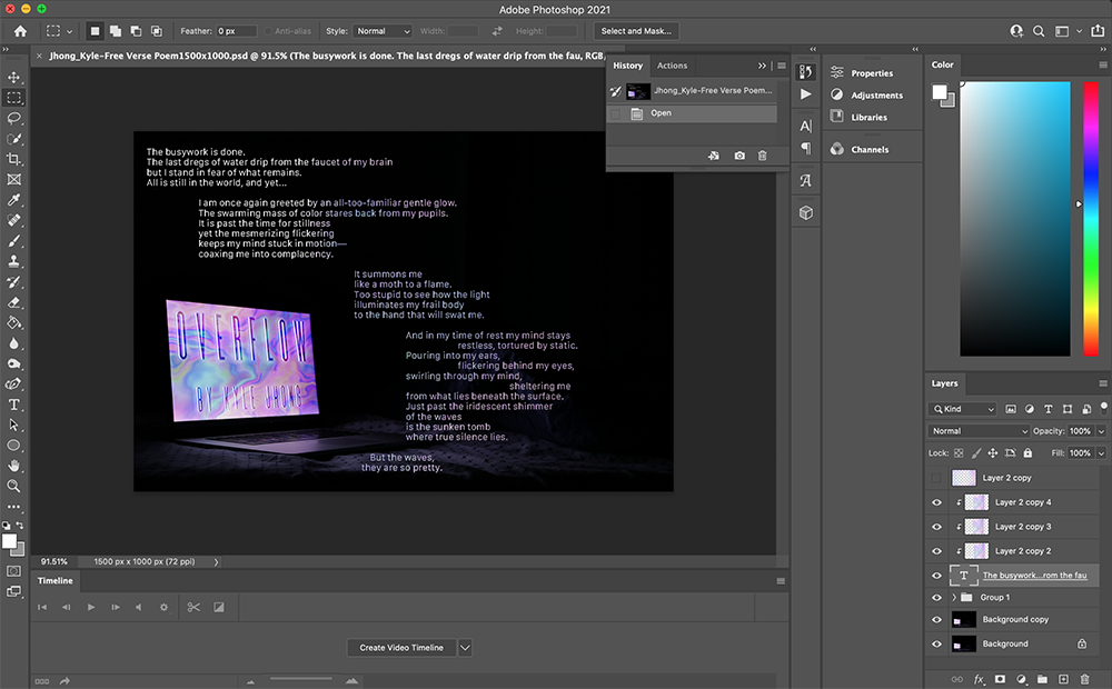 A screenshot of me editing the photo for my Free Verse Poem in PhotoShop.