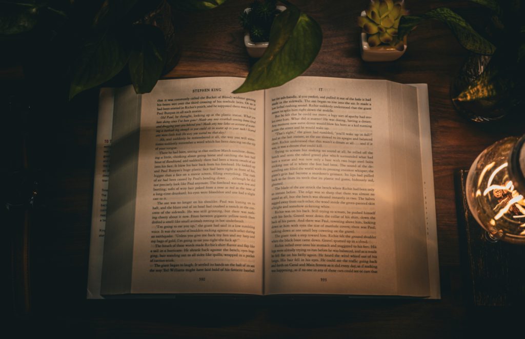 A book is placed in the middle of a warm, rustic table with plants and an industrial light bulb illuminating it on the right side.
