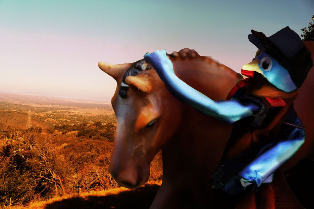 An edited photo for the theme of "Balance Accidental Renaissance style" with the prompt of composition depicting a bird with a horse.