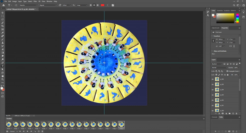 Photoshop layout of how the animated GIF of my phenakistoscope wheel was made.