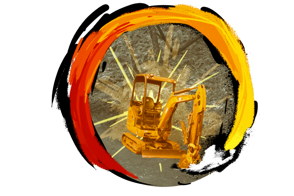 An edited photograph of a glowing Bobcat machine with painted streaks of yellow and orange around it for the prompt, "New Beginnings".