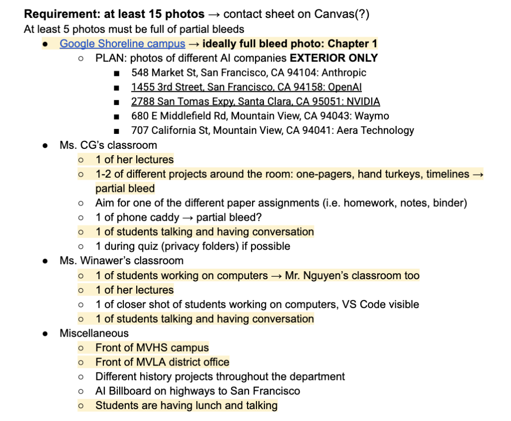 My notes to plan my photos