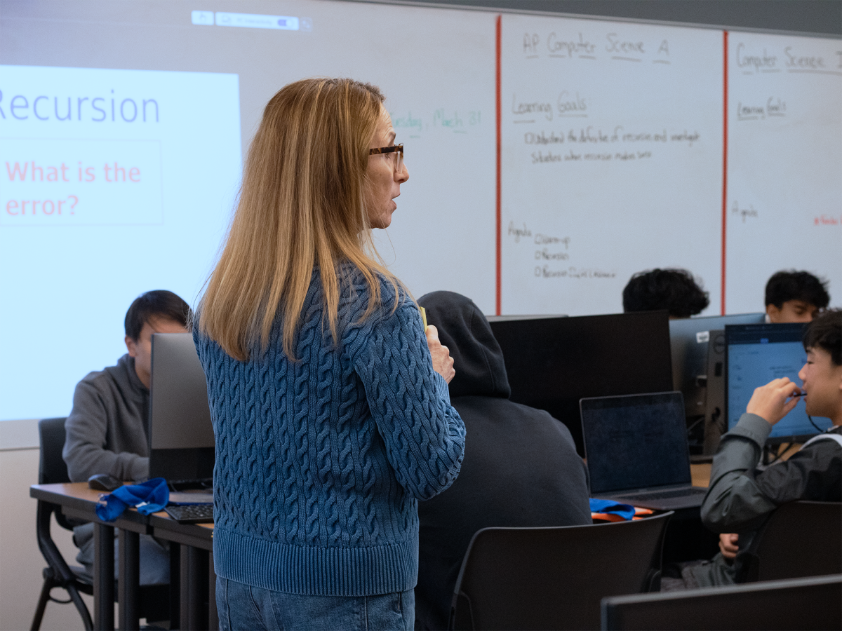 Marcey Winawer guides her class through a coding warm-up
